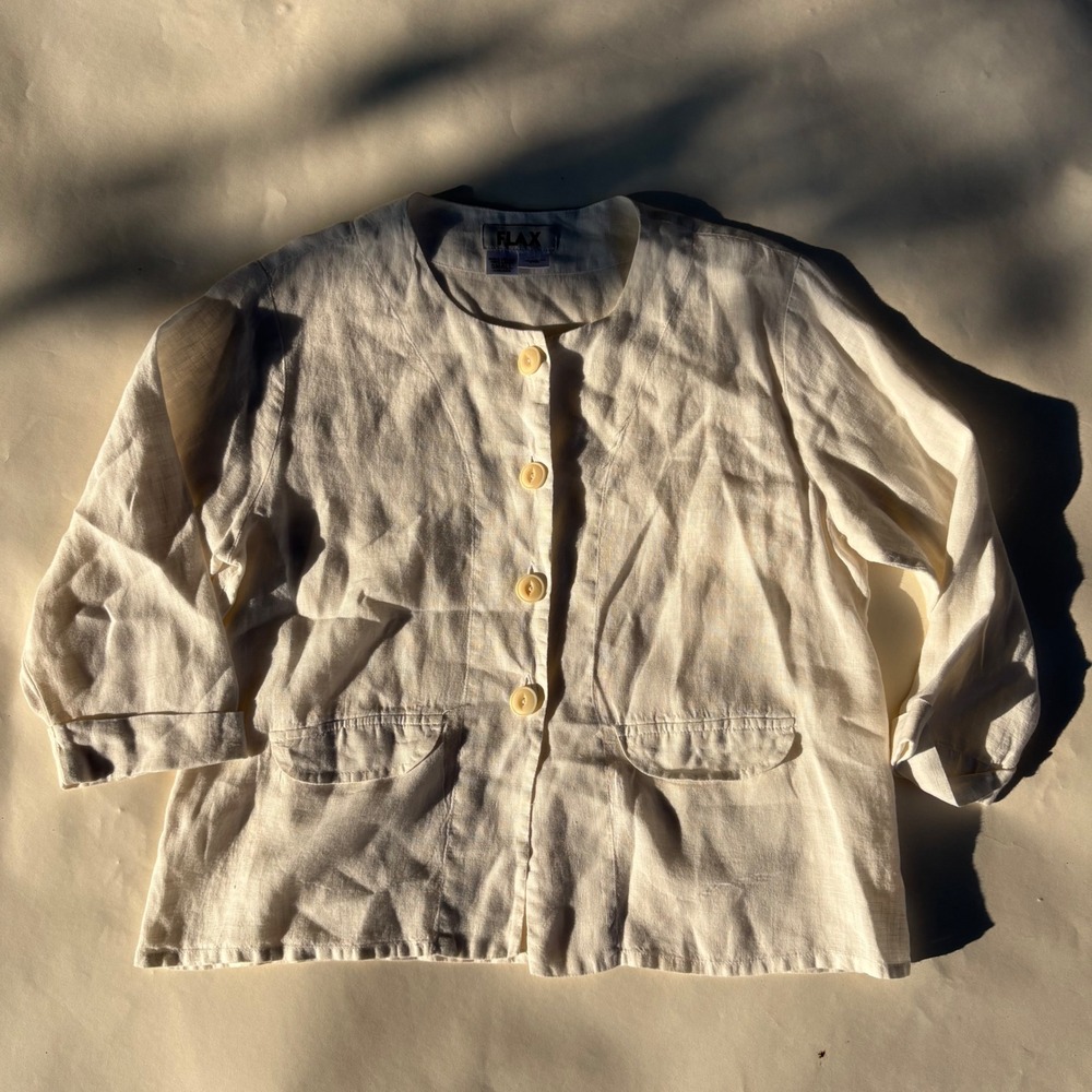 FLAX 100% Linen Button Front Jacket Cream Off White Lagenlook Small Lithuania